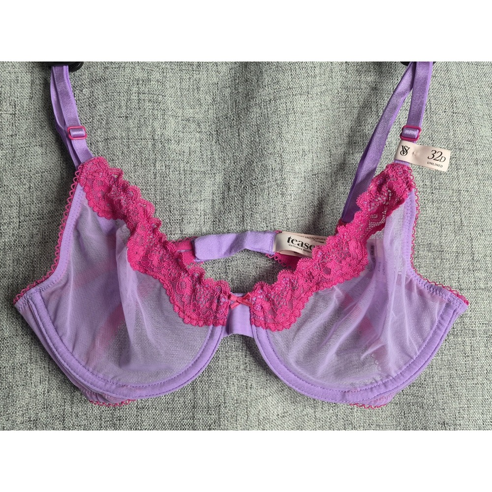 Victoria's Secret Tease 32D Unlined Demi Sheer Mesh Bra NEW purple pink lace $35